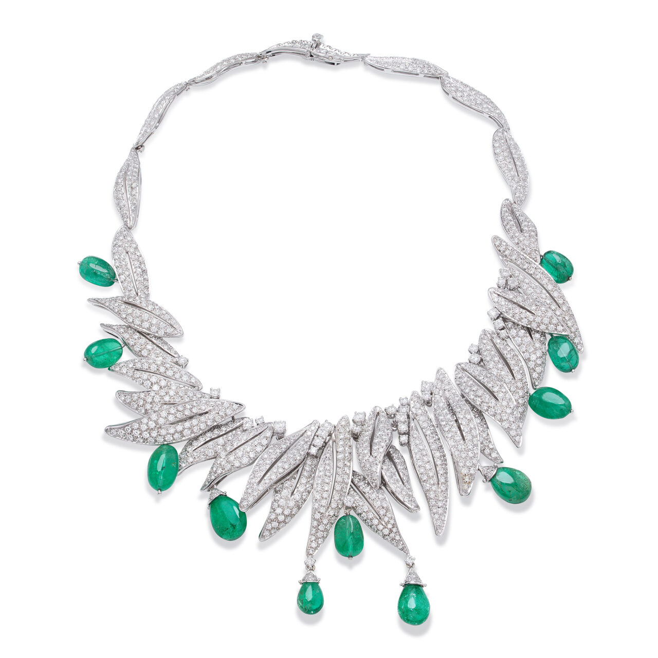 White gold necklace with diamonds and emeralds