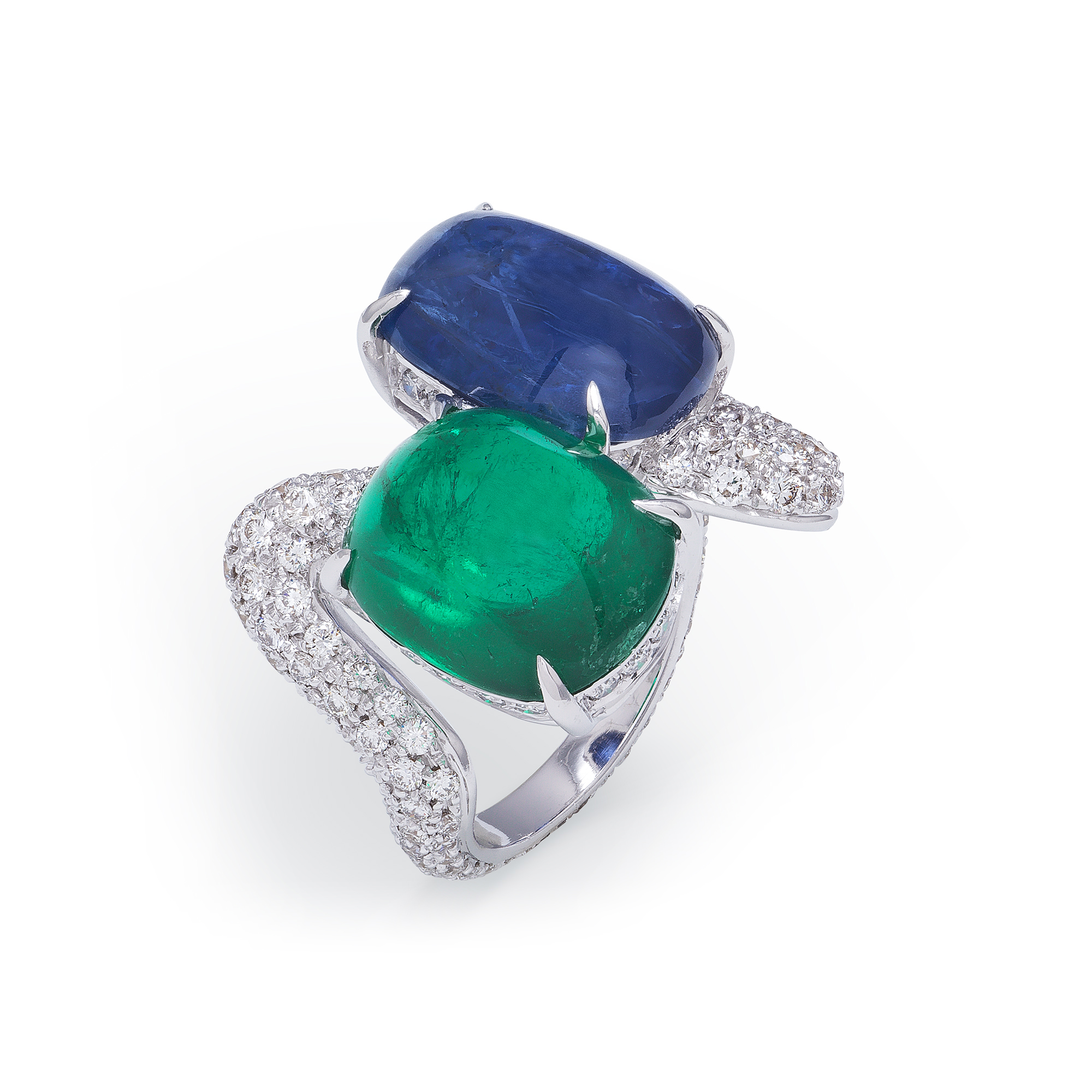 White gold ring with Burma Sapphire, Columbia Emerald and Diamonds