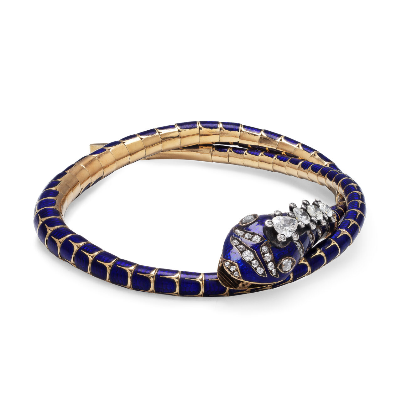 Half 800 yellow gold necklace in the shape of an enamelled snake and diamonds
