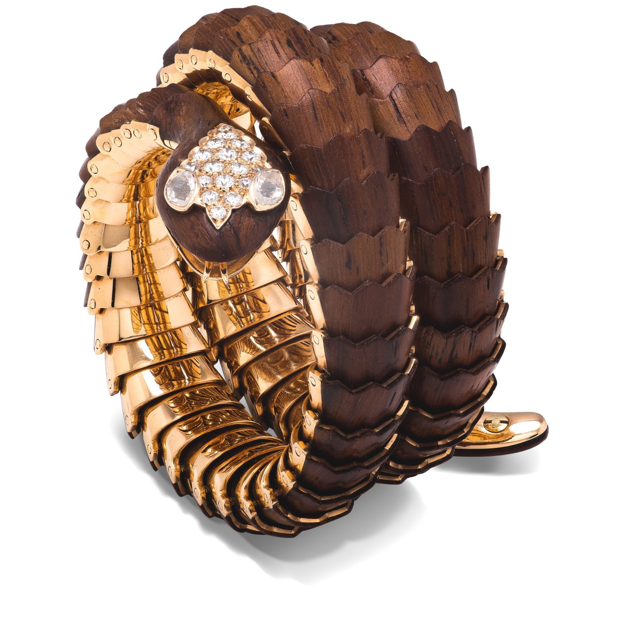 Illario snake bracelet in padouk wood, 18k yellow gold and diamonds