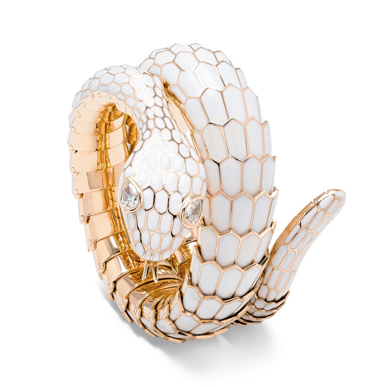 Snake bracelet in yellow gold White enamel with diamonds
